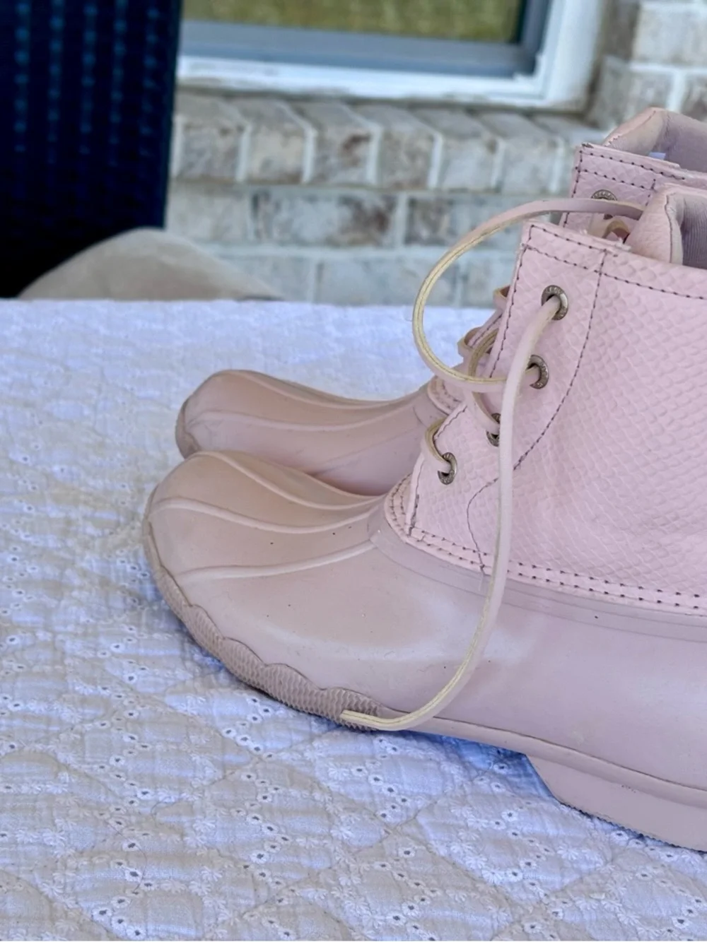 Sperry Duck Boots Girls Size 3 Pink Khaki Waterproof Lace Up Rain Boots